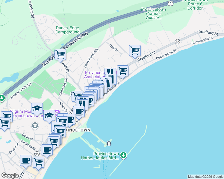 map of restaurants, bars, coffee shops, grocery stores, and more near 439 Commercial Street in Provincetown