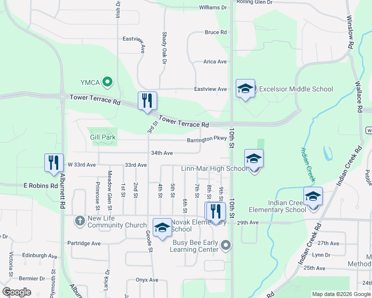 map of restaurants, bars, coffee shops, grocery stores, and more near 567 Barrington Parkway in Marion