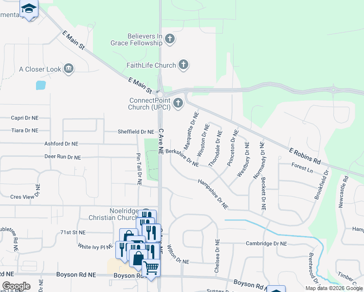 map of restaurants, bars, coffee shops, grocery stores, and more near 7713 Marquette Dr NE in Cedar Rapids