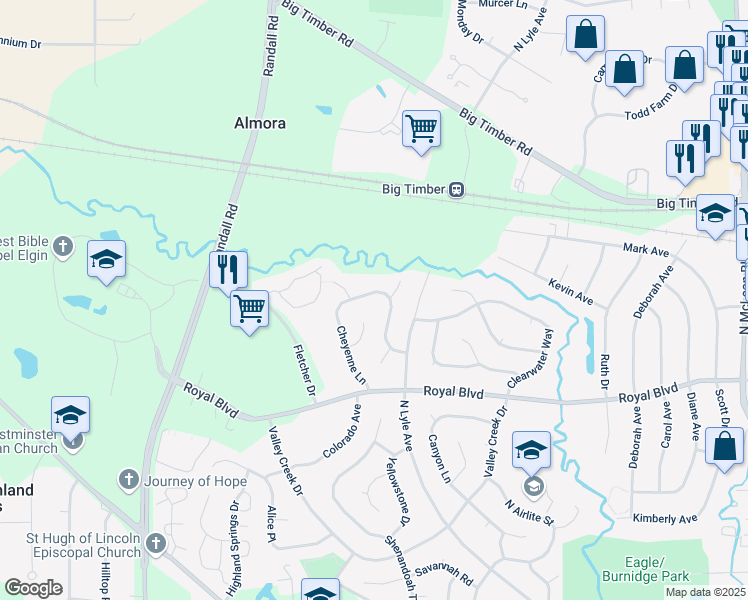 map of restaurants, bars, coffee shops, grocery stores, and more near 2220 Toftrees Trail in Elgin