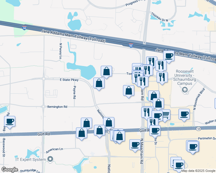 map of restaurants, bars, coffee shops, grocery stores, and more near 1211 Tower Road in Schaumburg