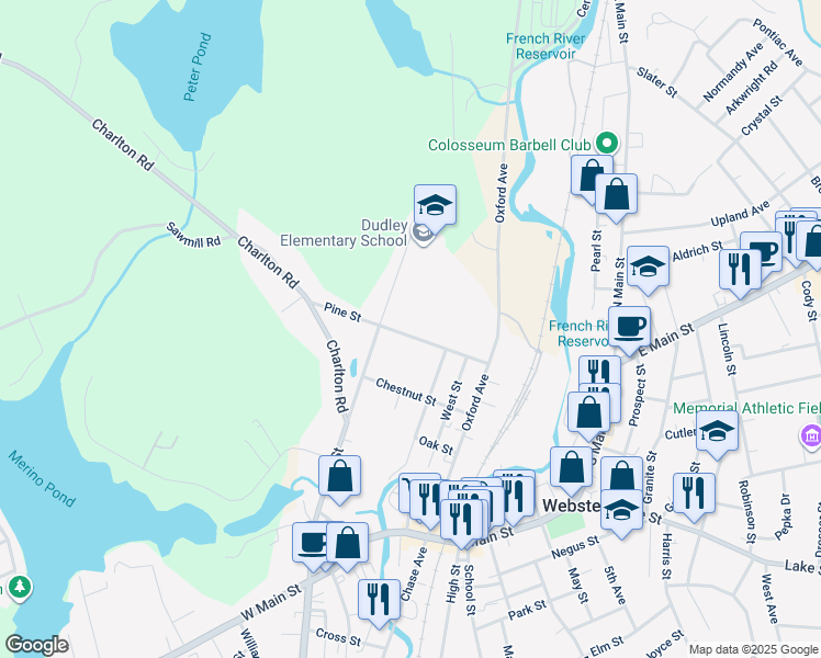 map of restaurants, bars, coffee shops, grocery stores, and more near 20 Pine Street in Dudley