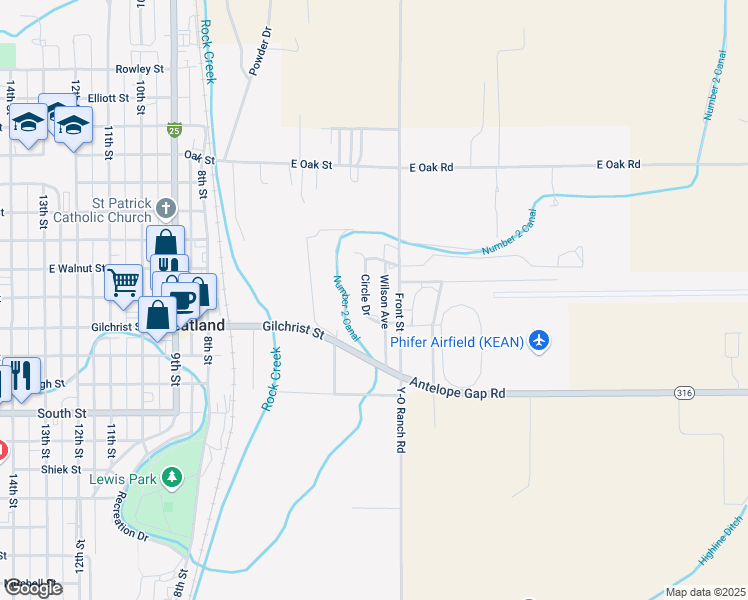 map of restaurants, bars, coffee shops, grocery stores, and more near 702 Circle Drive in Wheatland