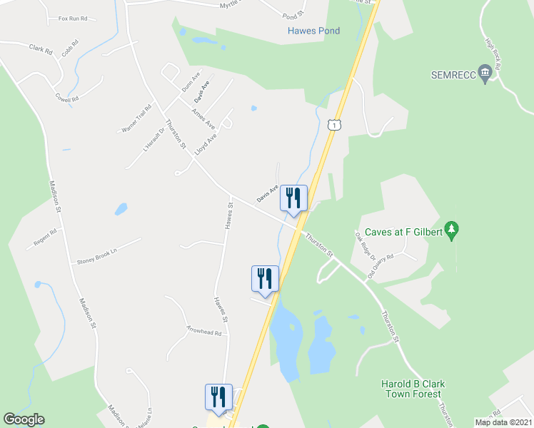 map of restaurants, bars, coffee shops, grocery stores, and more near 406 Thurston Street in Wrentham
