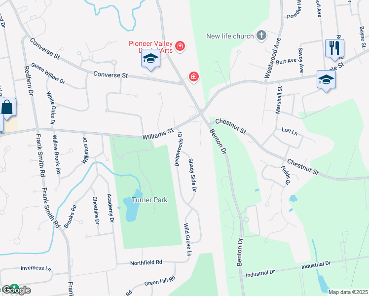 map of restaurants, bars, coffee shops, grocery stores, and more near 27 Deepwoods Drive in Longmeadow