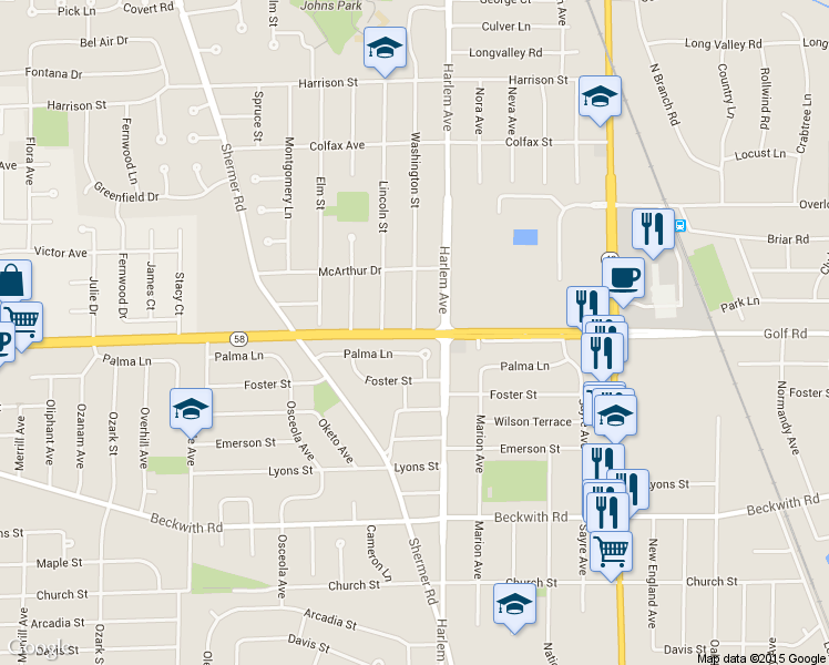 map of restaurants, bars, coffee shops, grocery stores, and more near Golf Road & Washington Street in Glenview