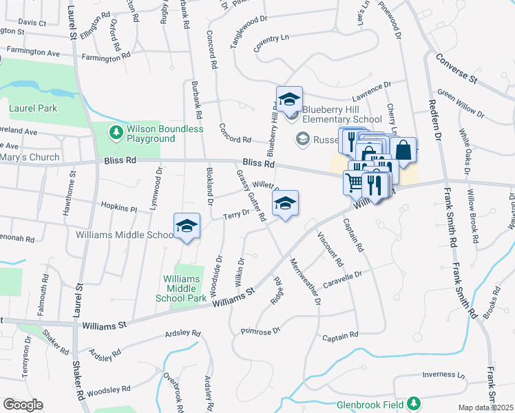 map of restaurants, bars, coffee shops, grocery stores, and more near 95 Grassy Gutter Road in Longmeadow
