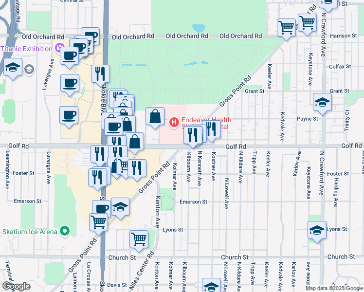 map of restaurants, bars, coffee shops, grocery stores, and more near Golf Rd & Gross Point Rd in Skokie