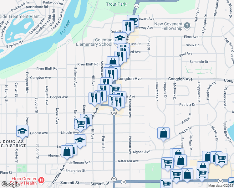 map of restaurants, bars, coffee shops, grocery stores, and more near 1005 North Liberty Street in Elgin
