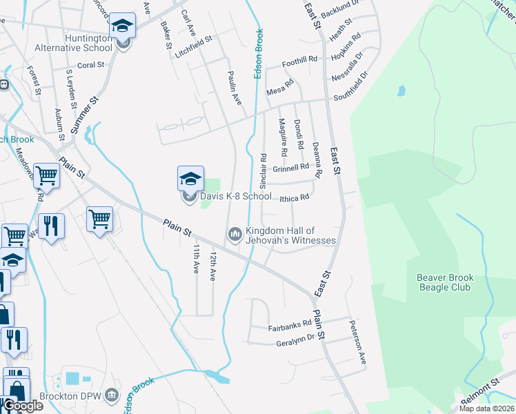 map of restaurants, bars, coffee shops, grocery stores, and more near 127 Sinclair Road in Brockton