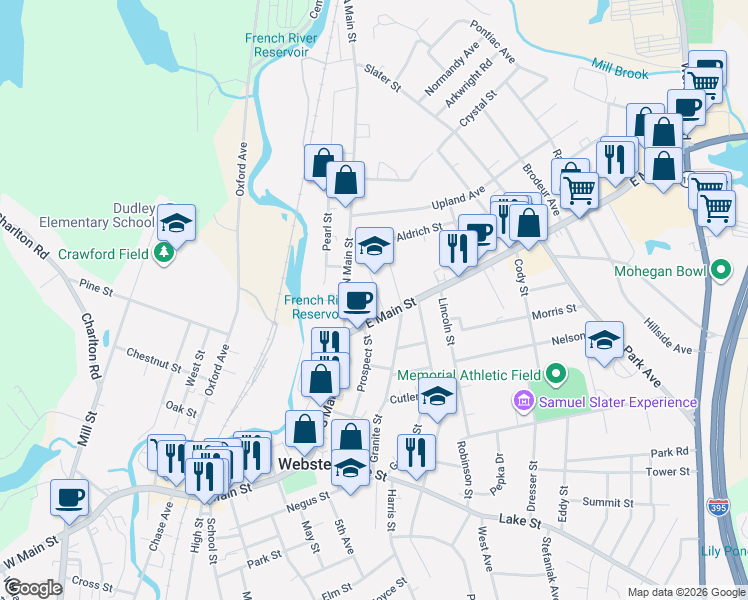 map of restaurants, bars, coffee shops, grocery stores, and more near 4 Day Street in Webster