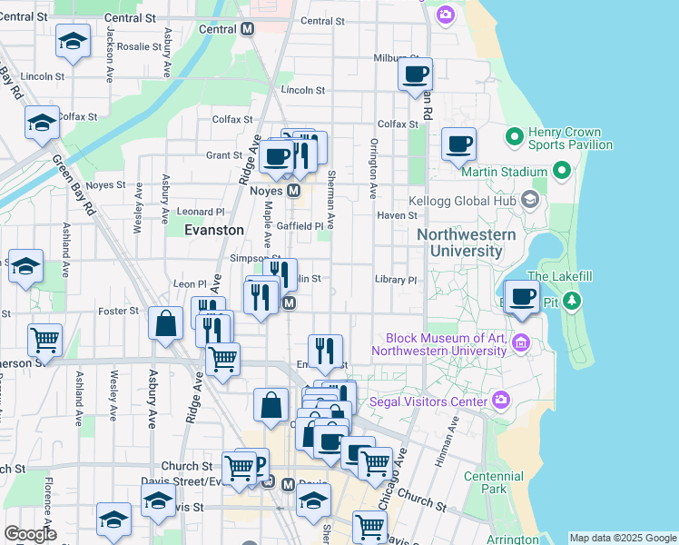 map of restaurants, bars, coffee shops, grocery stores, and more near 720 Simpson Street in Evanston