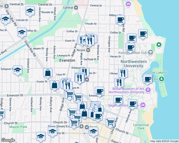 map of restaurants, bars, coffee shops, grocery stores, and more near 810 Simpson Street in Evanston