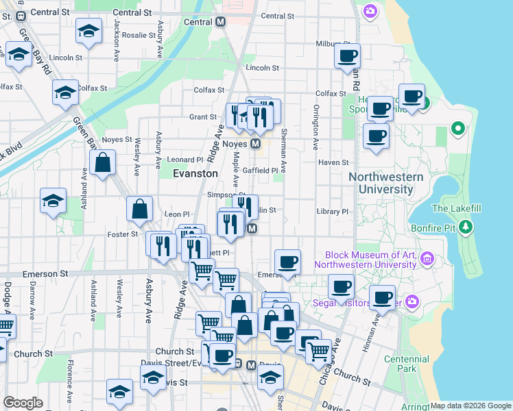 map of restaurants, bars, coffee shops, grocery stores, and more near 912 Simpson Street in Evanston