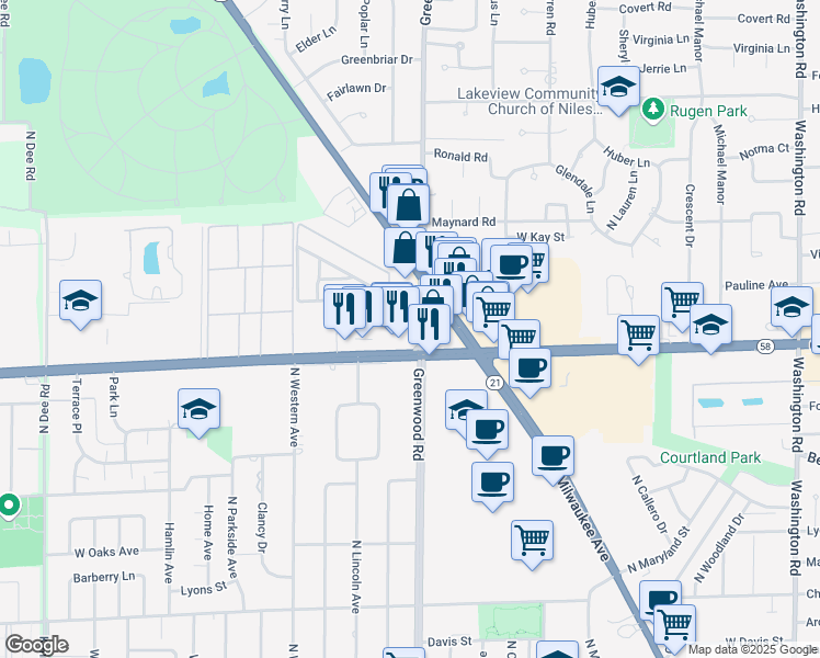 map of restaurants, bars, coffee shops, grocery stores, and more near 8642 West Golf Road in Des Plaines