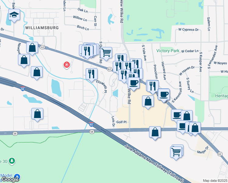 map of restaurants, bars, coffee shops, grocery stores, and more near 5450 Astor Lane in Rolling Meadows