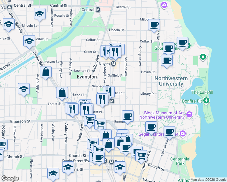 map of restaurants, bars, coffee shops, grocery stores, and more near 912 Simpson Street in Evanston