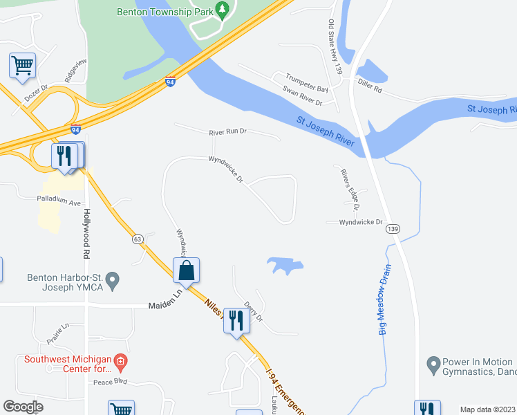 map of restaurants, bars, coffee shops, grocery stores, and more near 3141 Wyndwicke Dr in St Joseph