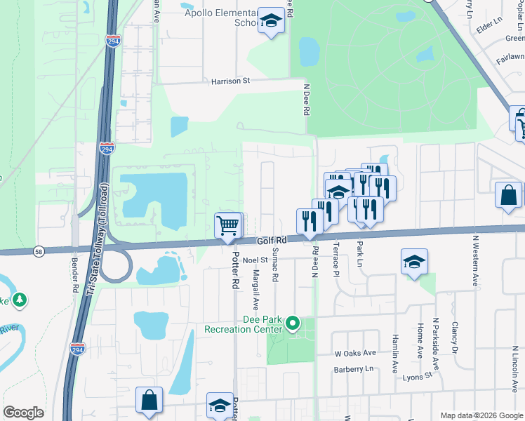 map of restaurants, bars, coffee shops, grocery stores, and more near 9700 Bianco Terrace in Des Plaines
