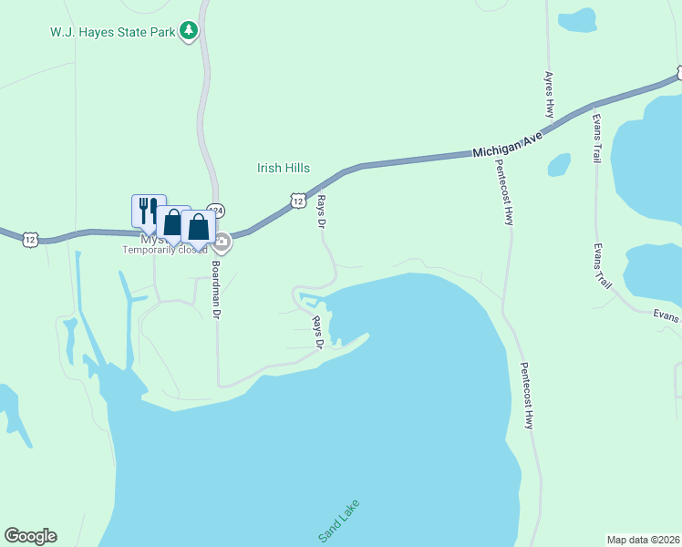 map of restaurants, bars, coffee shops, grocery stores, and more near 5867 Rays Drive in Onsted
