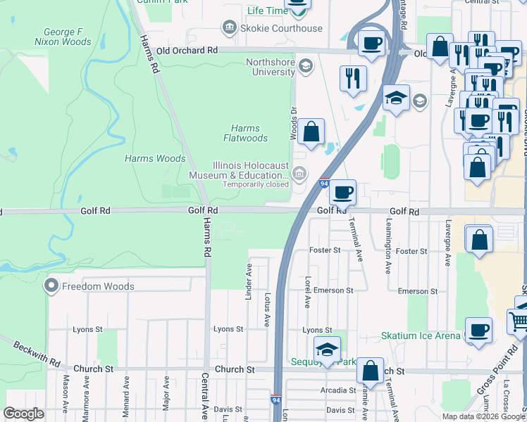 map of restaurants, bars, coffee shops, grocery stores, and more near Golf Road & Woods Drive in Skokie