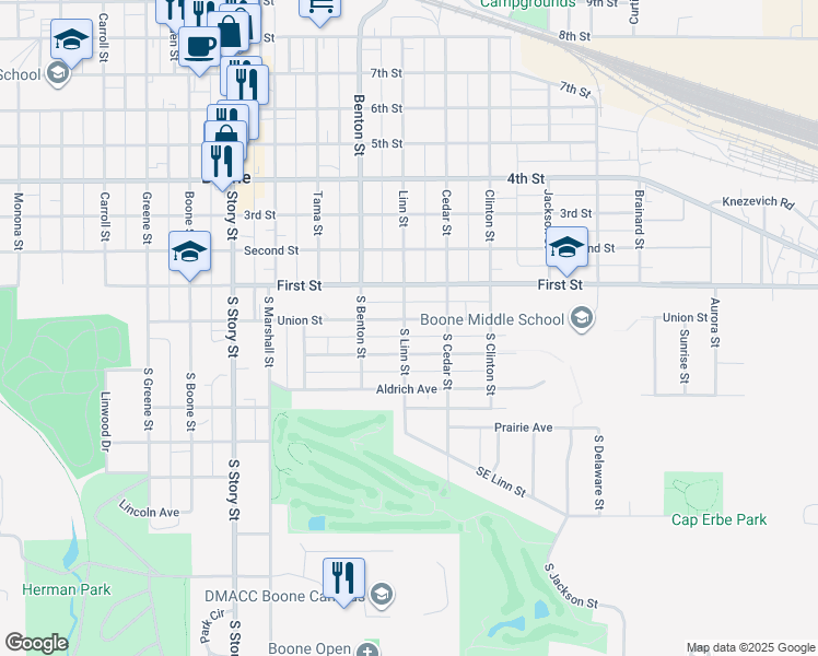 map of restaurants, bars, coffee shops, grocery stores, and more near 1302 Union Street in Boone