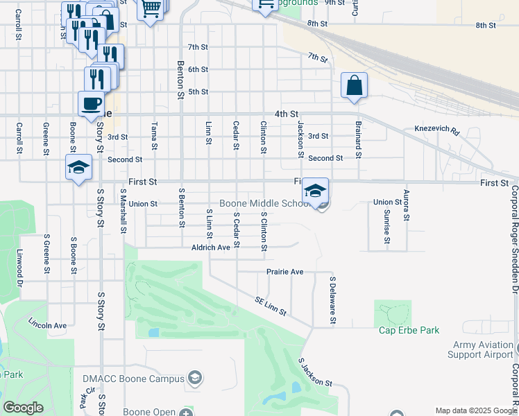 map of restaurants, bars, coffee shops, grocery stores, and more near 205 South Clinton Street in Boone