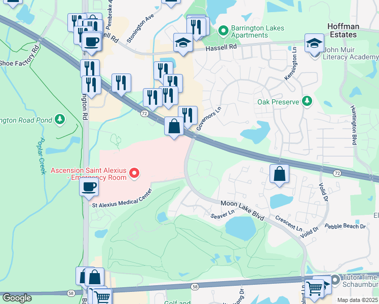 map of restaurants, bars, coffee shops, grocery stores, and more near 1745 Moon Lake Boulevard in Hoffman Estates