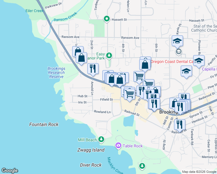 map of restaurants, bars, coffee shops, grocery stores, and more near 1107 Chetco Avenue in Brookings
