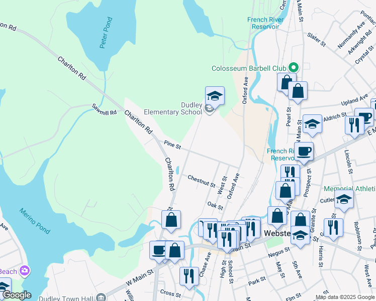 map of restaurants, bars, coffee shops, grocery stores, and more near 28 Pine Street in Dudley