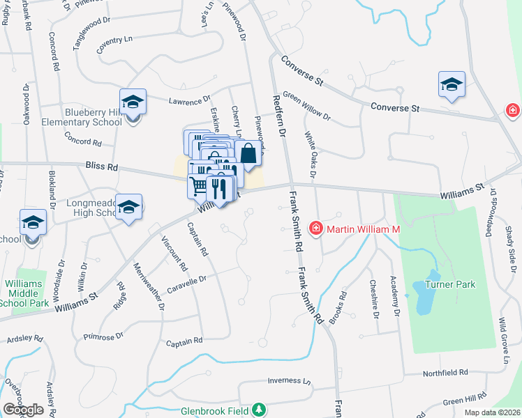 map of restaurants, bars, coffee shops, grocery stores, and more near 253 Pendleton Lane in Longmeadow