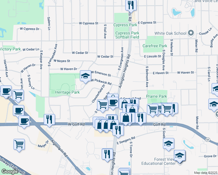 map of restaurants, bars, coffee shops, grocery stores, and more near 1525 South Surrey Ridge Drive in Arlington Heights