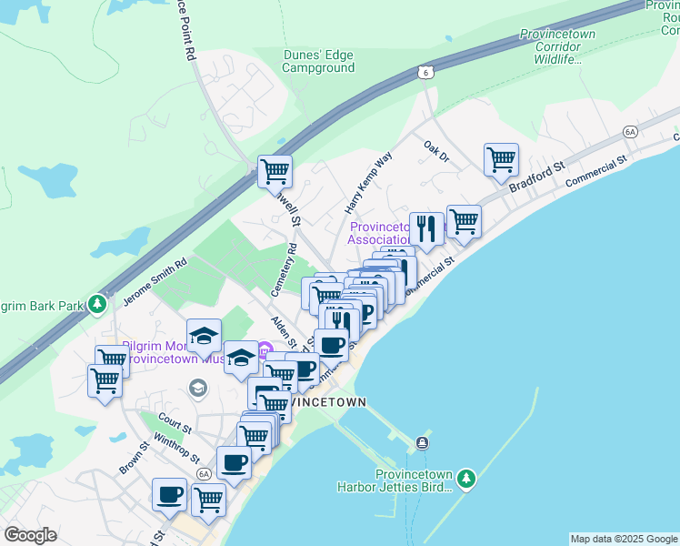 map of restaurants, bars, coffee shops, grocery stores, and more near 7 Conwell Street in Provincetown