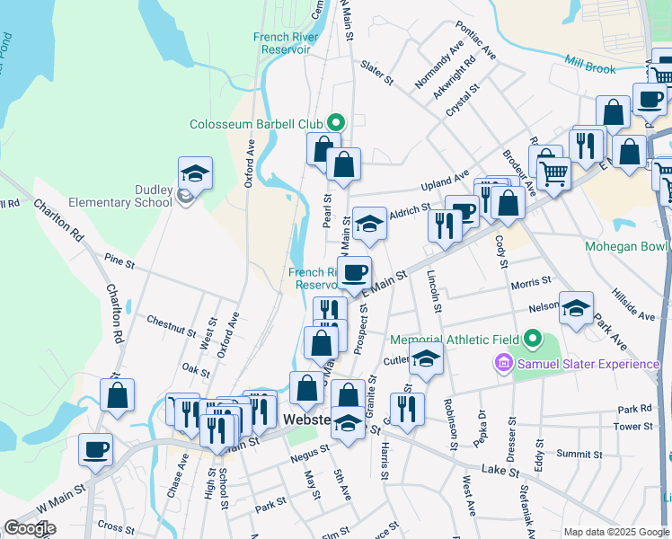 map of restaurants, bars, coffee shops, grocery stores, and more near 27 North Main Street in Webster