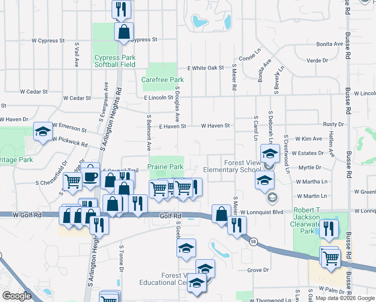 map of restaurants, bars, coffee shops, grocery stores, and more near 2200 West Lawrence Lane in Mount Prospect