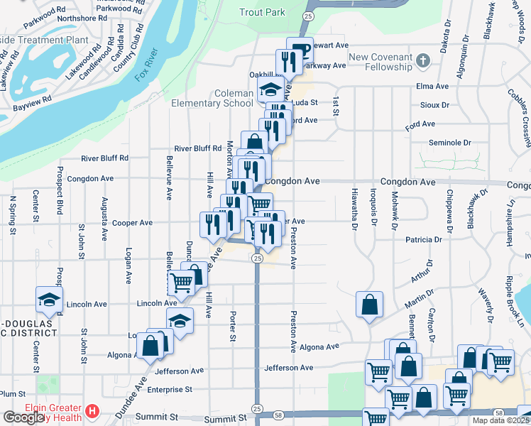 map of restaurants, bars, coffee shops, grocery stores, and more near 1005 North Liberty Street in Elgin