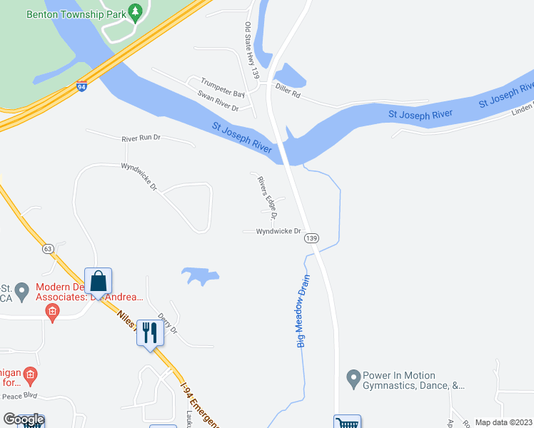 map of restaurants, bars, coffee shops, grocery stores, and more near 3478 Rivers Edge Drive in St. Joseph