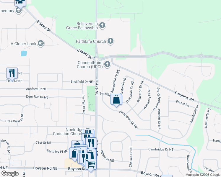 map of restaurants, bars, coffee shops, grocery stores, and more near 7713 Marquette Drive Northeast in Cedar Rapids