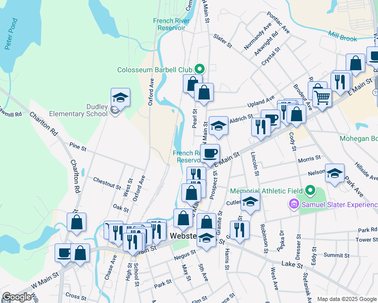 map of restaurants, bars, coffee shops, grocery stores, and more near 9 Church Court in Webster