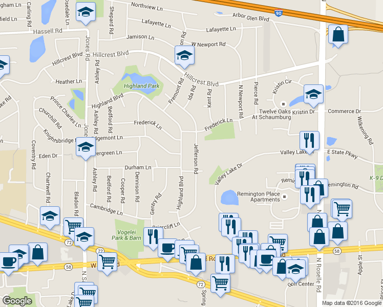 map of restaurants, bars, coffee shops, grocery stores, and more near 1540 Jefferson Road in Hoffman Estates