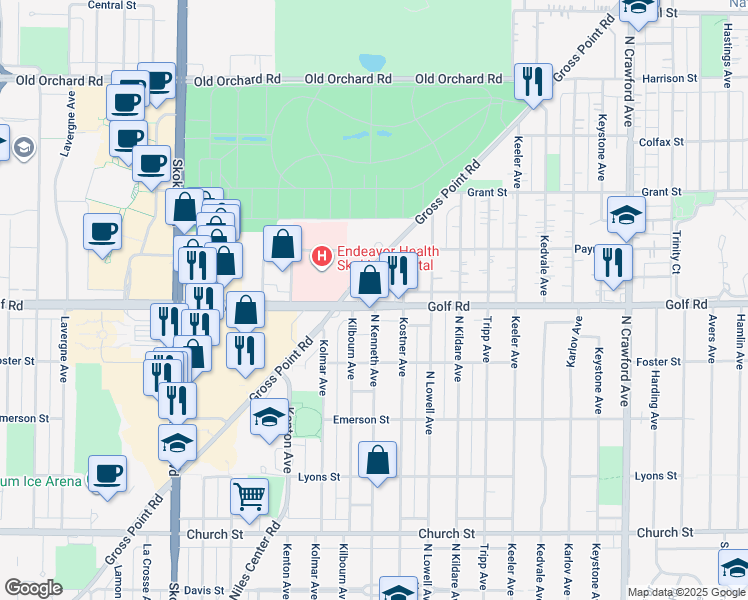 map of restaurants, bars, coffee shops, grocery stores, and more near 4450 Golf Rd in Skokie