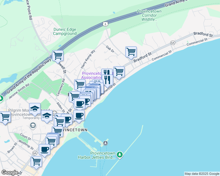 map of restaurants, bars, coffee shops, grocery stores, and more near 439 Commercial Street in Provincetown