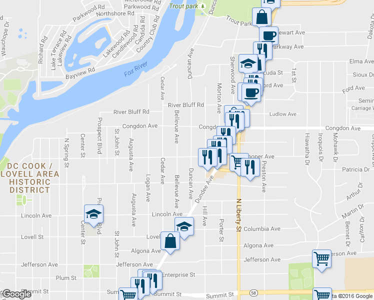 map of restaurants, bars, coffee shops, grocery stores, and more near 1010 Duncan Ave in Elgin