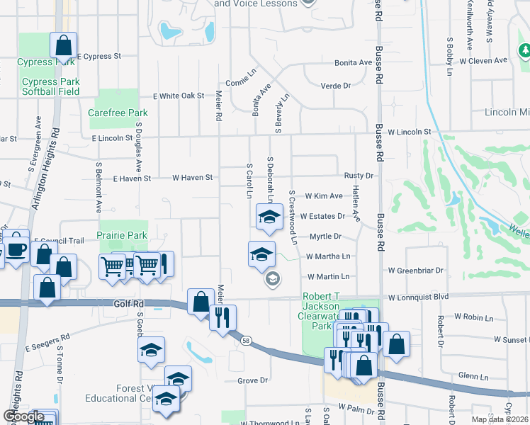 map of restaurants, bars, coffee shops, grocery stores, and more near 514 South Deborah Lane in Mount Prospect