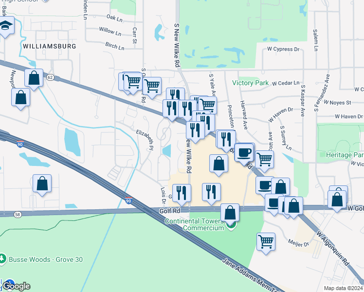 map of restaurants, bars, coffee shops, grocery stores, and more near 5401 Chateau Drive in Rolling Meadows