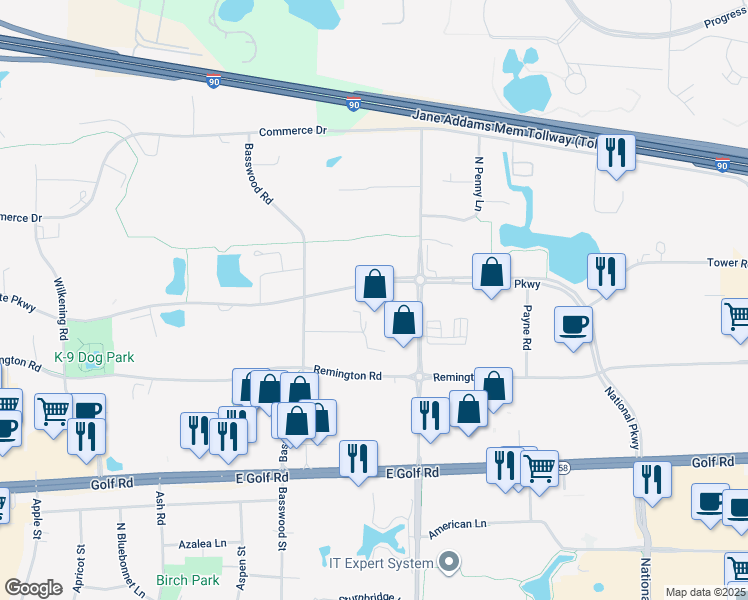 map of restaurants, bars, coffee shops, grocery stores, and more near 711 East State Parkway in Schaumburg
