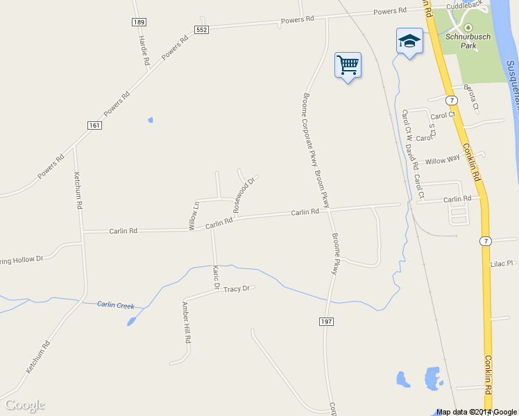 map of restaurants, bars, coffee shops, grocery stores, and more near 119 Carlin Road in Conklin