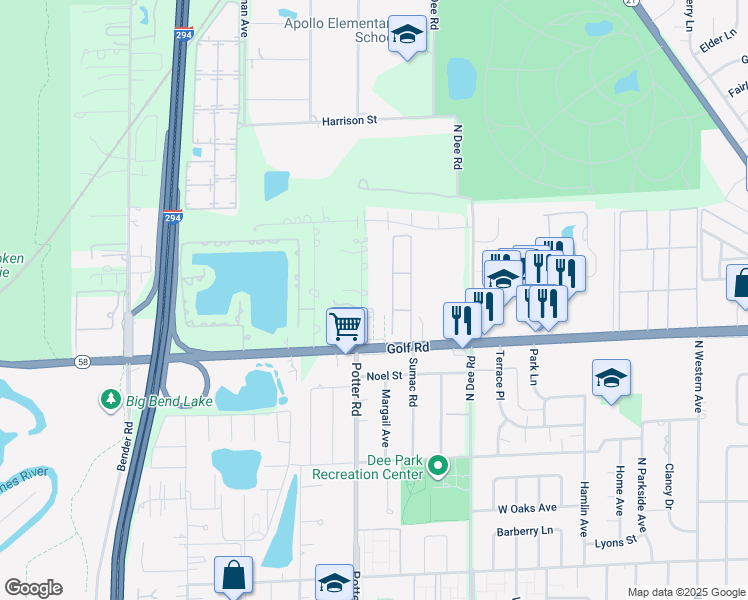 map of restaurants, bars, coffee shops, grocery stores, and more near 9701 Elms Terrace in Des Plaines