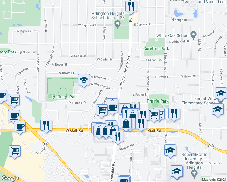 map of restaurants, bars, coffee shops, grocery stores, and more near 1525 South Surrey Ridge Drive in Arlington Heights