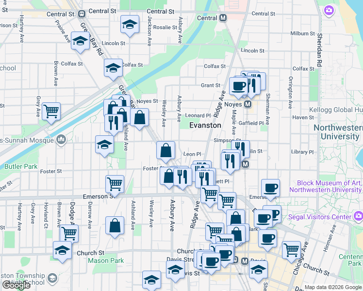 map of restaurants, bars, coffee shops, grocery stores, and more near 2034 Leon Place in Evanston